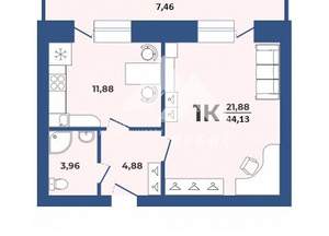 1-к квартира, вторичка, 44м2, 1/9 этаж