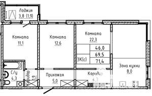 3-к квартира, строящийся дом, 71м2, 14/17 этаж