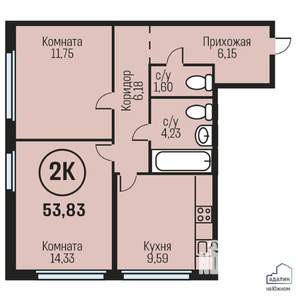 2-к квартира, вторичка, 54м2, 22/23 этаж