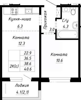 2-к квартира, строящийся дом, 39м2, 7/10 этаж
