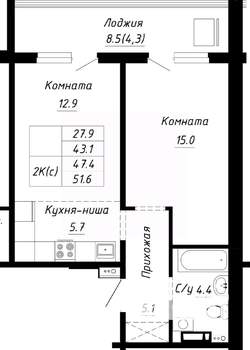 2-к квартира, строящийся дом, 47м2, 9/10 этаж