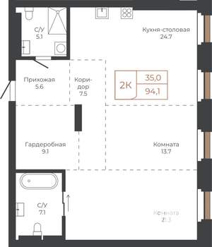 2-к квартира, строящийся дом, 94м2, 23/27 этаж