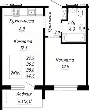 2-к квартира, строящийся дом, 39м2, 1/10 этаж