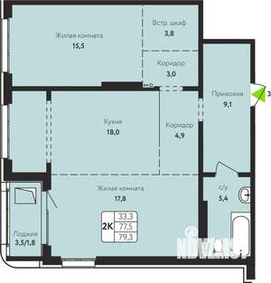 2-к квартира, строящийся дом, 79м2, 2/17 этаж