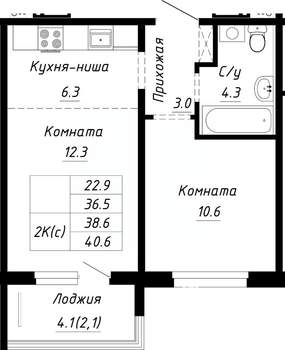 2-к квартира, строящийся дом, 39м2, 8/10 этаж