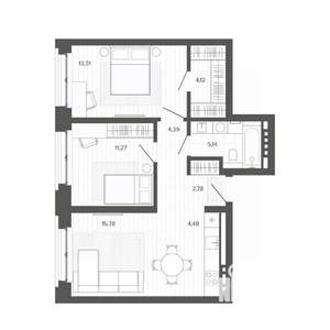 3-к квартира, строящийся дом, 61м2, 2/9 этаж