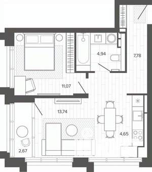 1-к квартира, строящийся дом, 44м2, 11/19 этаж