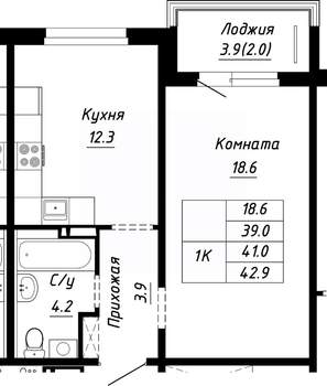 1-к квартира, строящийся дом, 41м2, 9/10 этаж