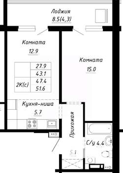 2-к квартира, строящийся дом, 47м2, 2/10 этаж