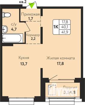 1-к квартира, строящийся дом, 42м2, 8/10 этаж