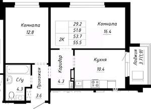 2-к квартира, строящийся дом, 54м2, 5/10 этаж
