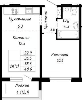 2-к квартира, строящийся дом, 39м2, 4/10 этаж