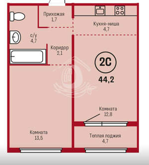 2-к квартира, вторичка, 44м2, 6/12 этаж