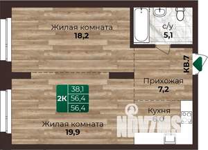 2-к квартира, строящийся дом, 56м2, 1/22 этаж