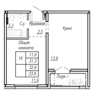 1-к квартира, строящийся дом, 33м2, 14/17 этаж