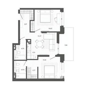 3-к квартира, строящийся дом, 72м2, 3/9 этаж