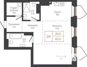 2-к квартира, вторичка, 60м2, 13/27 этаж