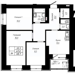 3-к квартира, строящийся дом, 69м2, 13/16 этаж
