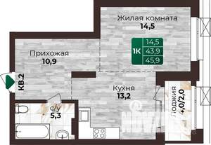 1-к квартира, строящийся дом, 46м2, 5/22 этаж