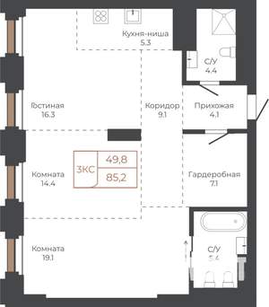 3-к квартира, строящийся дом, 85м2, 22/27 этаж