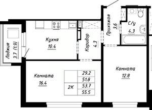 2-к квартира, строящийся дом, 54м2, 10/10 этаж