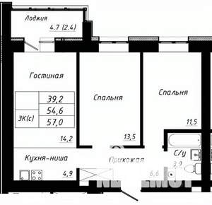 3-к квартира, строящийся дом, 57м2, 6/10 этаж