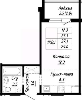 1-к квартира, строящийся дом, 27м2, 6/10 этаж
