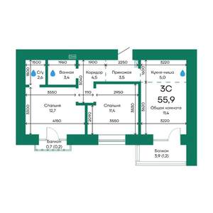3-к квартира, строящийся дом, 56м2, 6/10 этаж