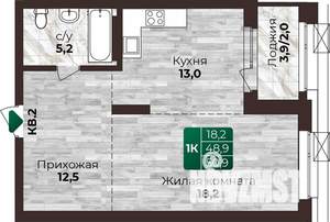 1-к квартира, строящийся дом, 51м2, 13/22 этаж