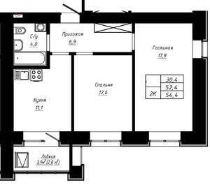 2-к квартира, строящийся дом, 54м2, 16/16 этаж