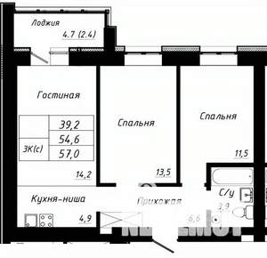 3-к квартира, строящийся дом, 57м2, 6/10 этаж