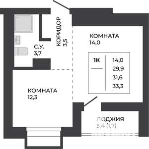 1-к квартира, строящийся дом, 32м2, 12/21 этаж