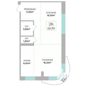 2-к квартира, строящийся дом, 61м2, 4/7 этаж