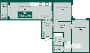 3-к квартира, строящийся дом, 76м2, 3/12 этаж