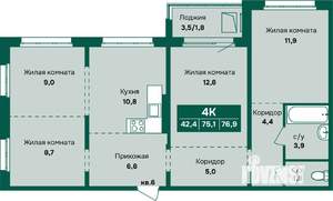 4-к квартира, строящийся дом, 77м2, 6/17 этаж