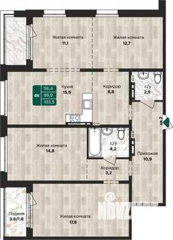 4-к квартира, строящийся дом, 104м2, 6/17 этаж