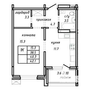1-к квартира, строящийся дом, 40м2, 1/15 этаж