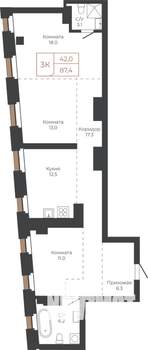 3-к квартира, строящийся дом, 87м2, 17/27 этаж