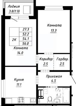 2-к квартира, строящийся дом, 54м2, 8/10 этаж