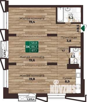 3-к квартира, строящийся дом, 87м2, 11/22 этаж