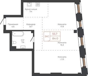 3-к квартира, строящийся дом, 84м2, 4/27 этаж