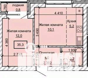 2-к квартира, строящийся дом, 35м2, 1/10 этаж
