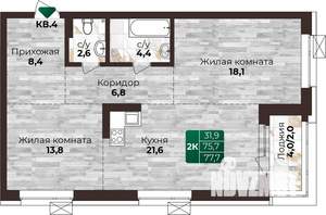 2-к квартира, строящийся дом, 78м2, 6/22 этаж