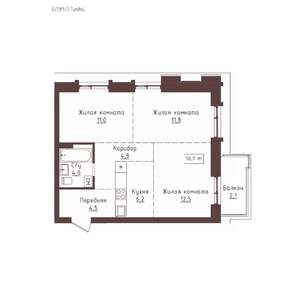3-к квартира, строящийся дом, 57м2, 19/23 этаж