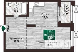 1-к квартира, строящийся дом, 51м2, 18/22 этаж