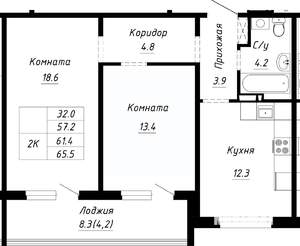 2-к квартира, строящийся дом, 61м2, 2/10 этаж