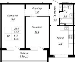 2-к квартира, строящийся дом, 61м2, 6/10 этаж