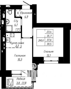 2-к квартира, строящийся дом, 38м2, 9/16 этаж