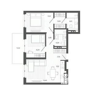 3-к квартира, строящийся дом, 63м2, 6/9 этаж