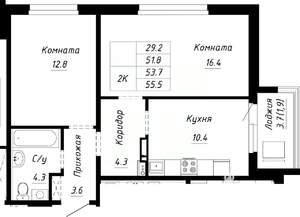 2-к квартира, строящийся дом, 54м2, 1/10 этаж